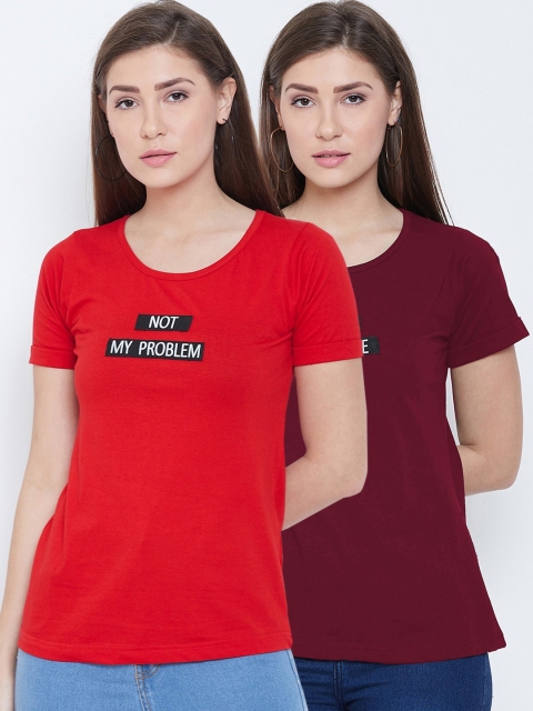 

CHROME & CORAL Women Pack of 2 Solid Round Neck T-shirt, Red