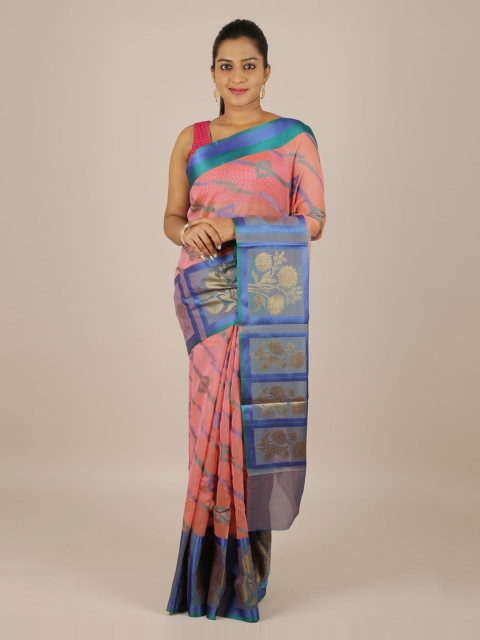 

Pothys Peach-Coloured & Blue Cotton Blend Woven Design Saree