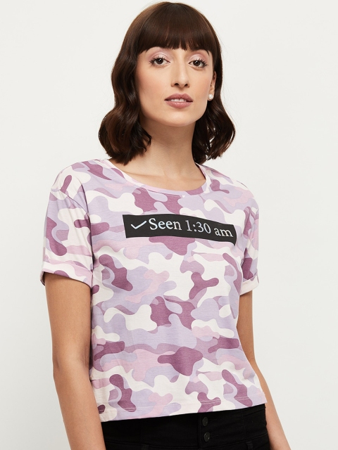 

max Women Purple Camo Printed Round Neck T-shirt