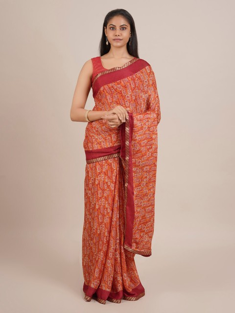 

Pothys Orange Printed Poly Chiffon Saree