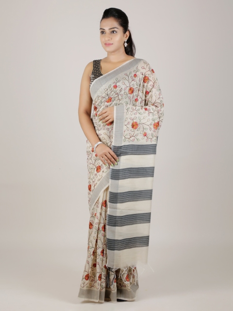 

Pothys Cream-Coloured Printed Jute Silk Saree