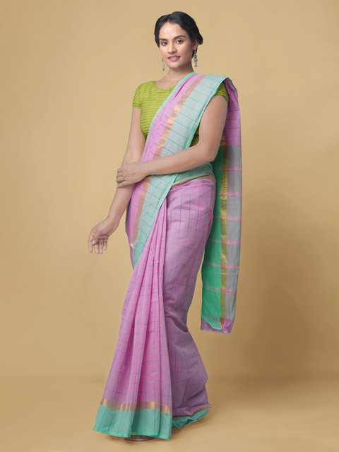 

Unnati Silks Pink Pure Cotton Checked Mangalagiri Saree