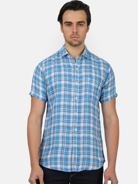 

Monte Carlo Men Blue & White Regular Fit Checked Linen Casual Shirt