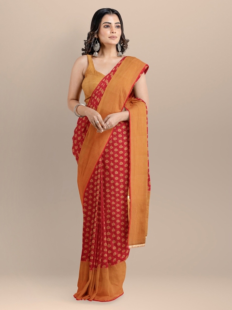 

BharatSthali Red Silk Cotton Printed Banarasi Saree
