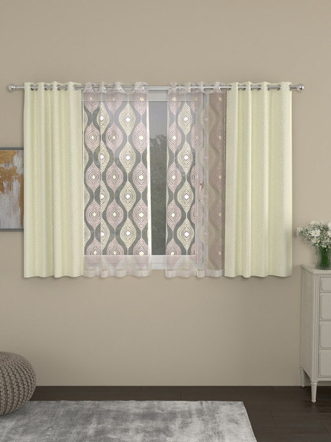 

ROSARA HOME Cream-Coloured & Pink Set of 4 Window Curtains
