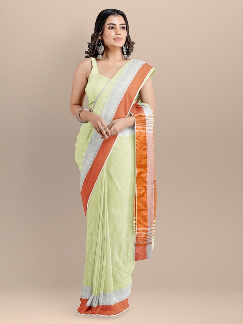 

BharatSthali Green & Orange Silk Cotton Solid Maheshwari Saree