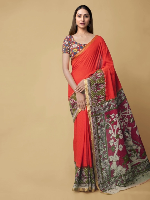 

Unnati Silks Orange Pure Cotton Printed Kanjeevaram Saree