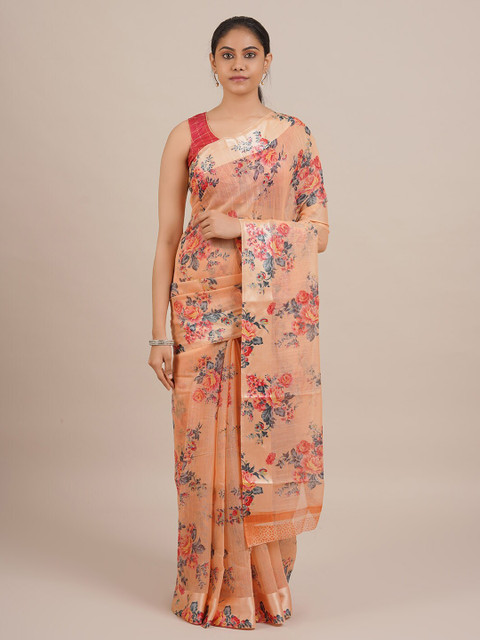 

Pothys Peach-Coloured Printed Linen Blend Saree
