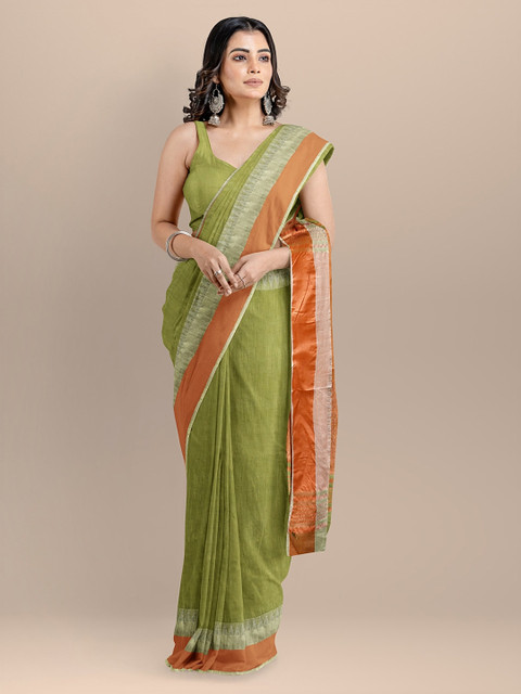 

BharatSthali Green Silk Cotton Solid Maheshwari Saree