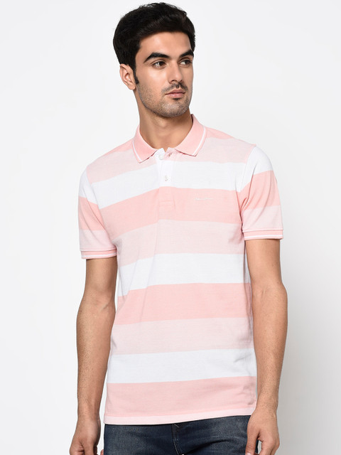 

Octave Men Pink Striped Polo Collar Cotton T-shirt