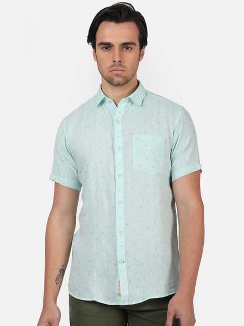 

Monte Carlo Men Turquoise Blue Regular Fit Printed Linen Casual Shirt