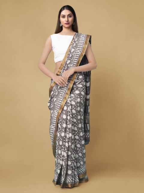 

Unnati Silks Grey & Off-White Pure Cotton Printed Dabu Saree