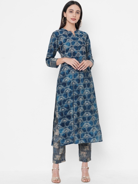 

FASHOR Women Navy Blue Printed Kurta with Trousers