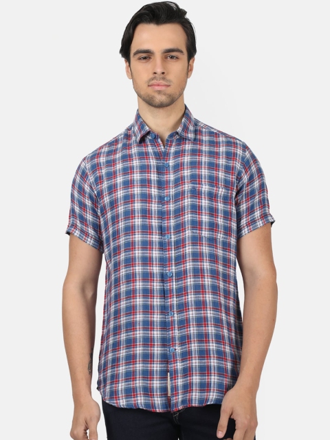 

Monte Carlo Men Blue & Red Regular Fit Checked Linen Casual Shirt