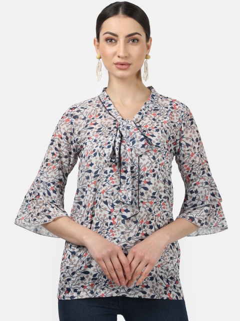 

Monte Carlo Grey & Blue Floral Printed Tie-Up Neck Bell Sleeves A-Line Top