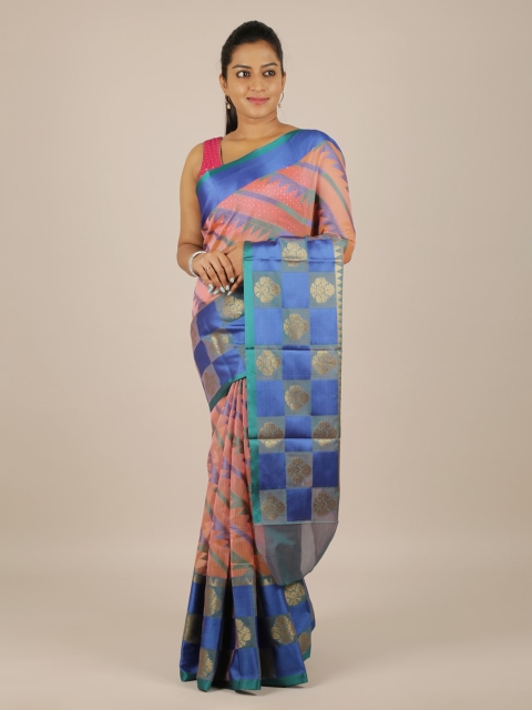 

Pothys Peach-Coloured & Blue Cotton Blend Woven Design Saree