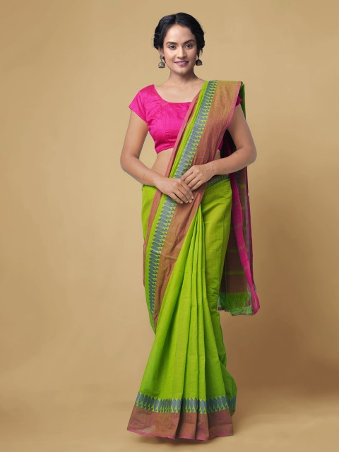 

Unnati Silks Green & Pink Pure Cotton Solid Mangalagiri Saree