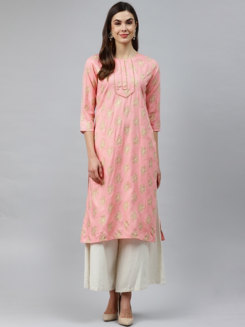

nesara Women Peach-Coloured Ethnic Motifs Printed Straight Kurta
