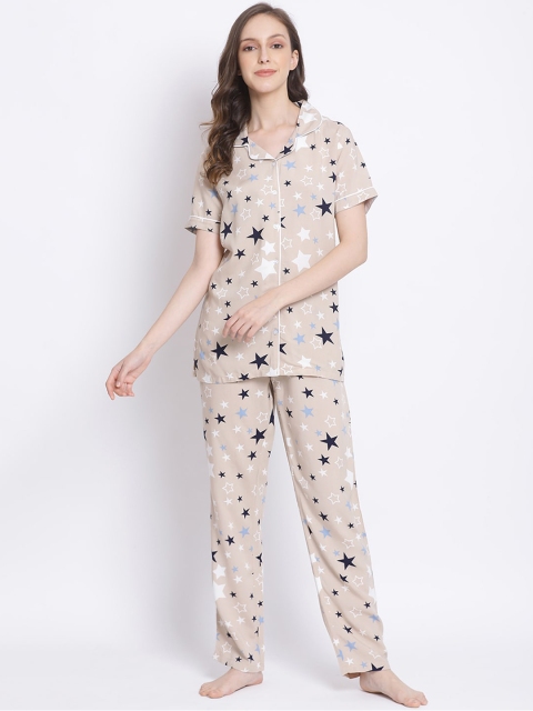 

Kanvin Women Beige & Blue Printed Night suit