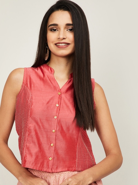 

Melange by Lifestyle Coral Mandarin Collar Shirt Style Top