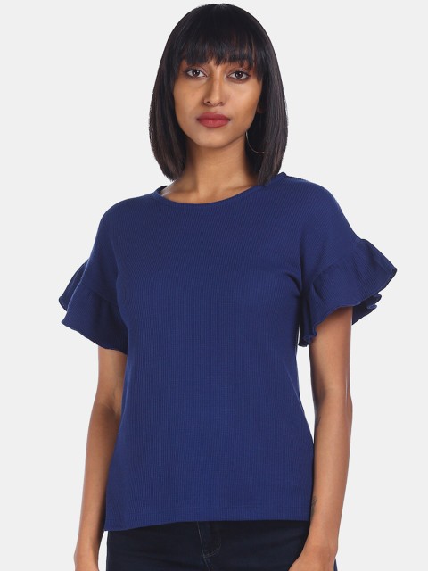 

ELLE Women Navy Blue Solid Flared Sleeves Regular Top