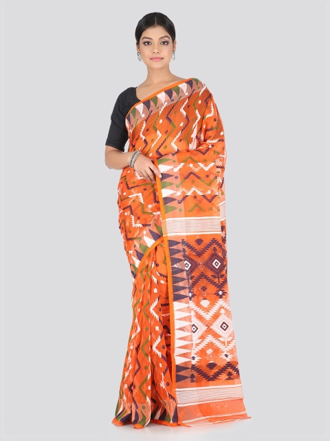 

PinkLoom Orange & Navy Blue Pure Cotton Woven Design Handloom Jamdani Saree