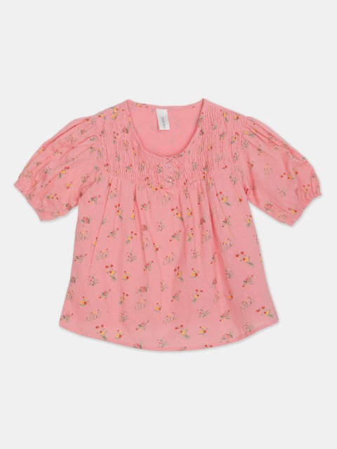 

Cherokee Pink & Green Floral Printed Puff Sleeves A-Line Top