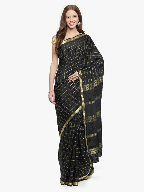

Sudarshan Silks Black & Gold-Toned Pure Silk Checked Mysore Silk Saree