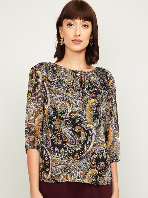 

Bossini Black Printed Tie-Up Neck Regular Top