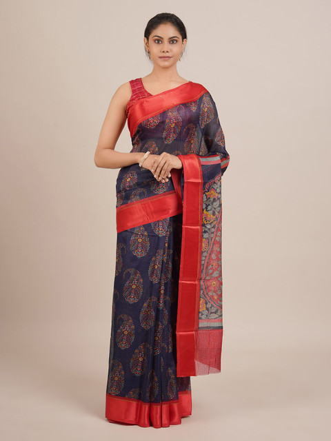 

Pothys Navy Blue & Red Jute Silk Printed Saree