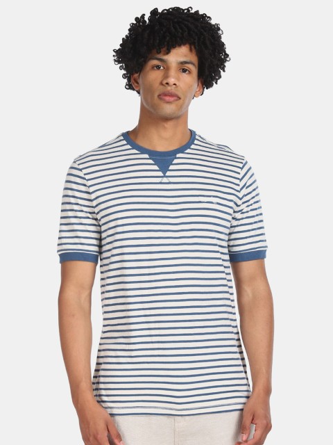 

Cherokee Men White & Blue Striped Round Neck T-shirt
