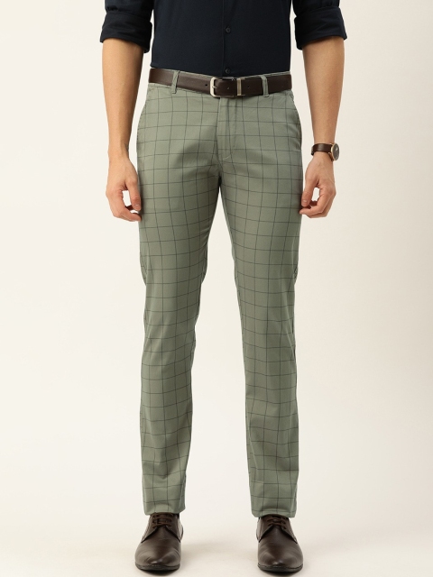 Hancock Men Olive Green Slim Fit Checked Formal Trousers