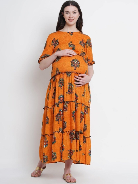 

Mine4Nine Women Orange Maternity Printed Fit and Flare Maternity Dress