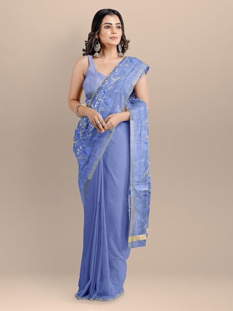 

BharatSthali Blue Silk Cotton Embroidered Maheshwari Handloom Saree