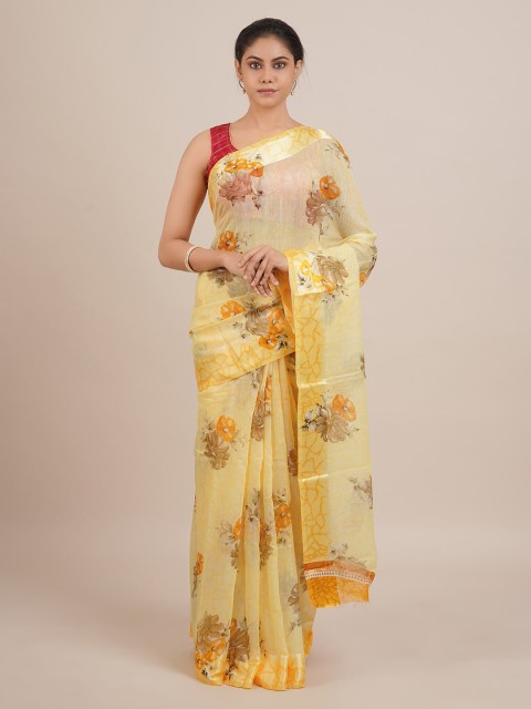 

Pothys Yellow Printed Linen Blend Saree