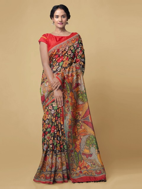 

Unnati Silks Black Silk Cotton Kalamkari Printed Kalamkari Chanderi Sico Saree