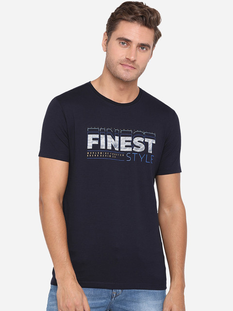

JADE BLUE Men Navy Blue Printed Round Neck Cotton Pure Cotton T-shirt