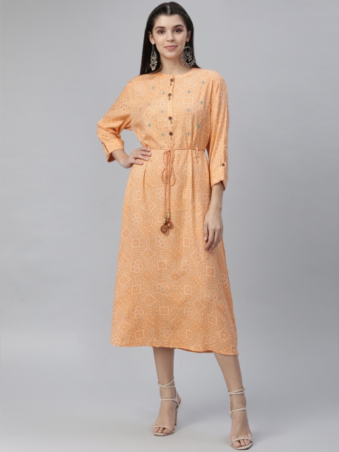 

nesara Women Orange Printed A-Line Dress
