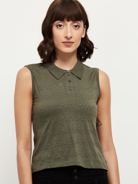 

max Women Olive Green Self Design Polo Collar T-shirt
