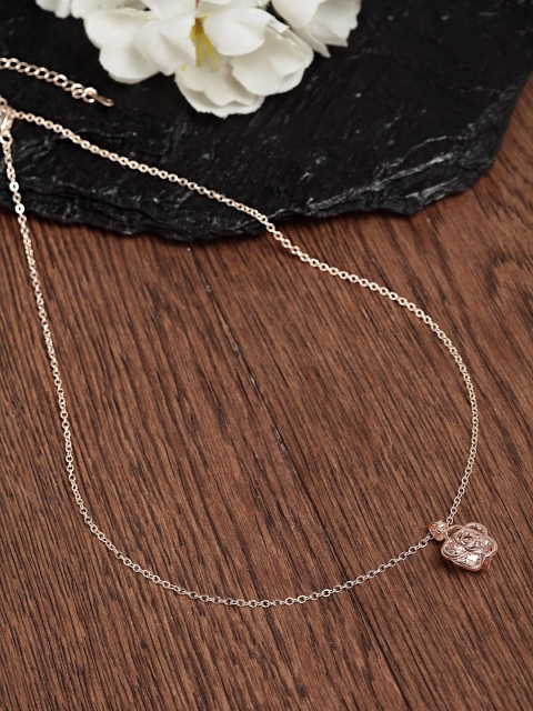 

Ferosh Women Rose Gold-Toned Stone-Studded Flower-Shaped Pendant with Chain