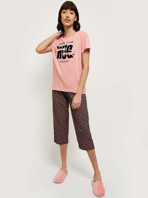 

max Women Pink & Brown Printed Night Suit