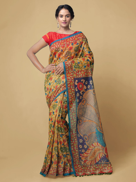 

Unnati Silks Orange Silk Cotton Kalamkari Printed Handloom Chanderi Sico Saree