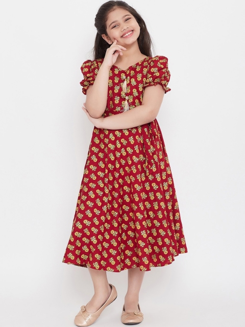 

Baani Creations Girls Maroon & Yellow Floral Printed Fit and Flare Dress