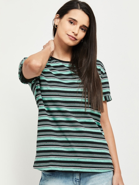

max Women Black Striped Round Neck T-shirt
