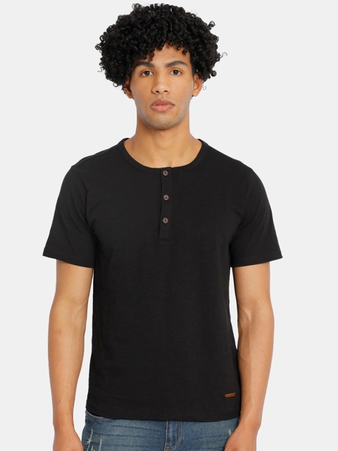 

Cherokee Men Black Solid Henley Neck Pure Cotton T-shirt