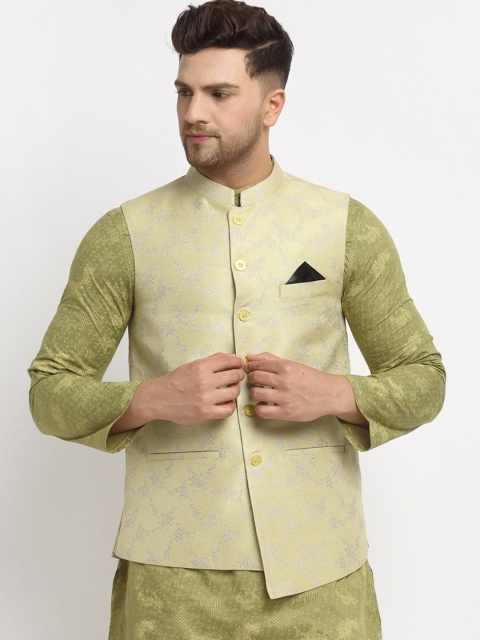 

NEUDIS Men Green Jacquard Printed Nehru Jacket, Cream