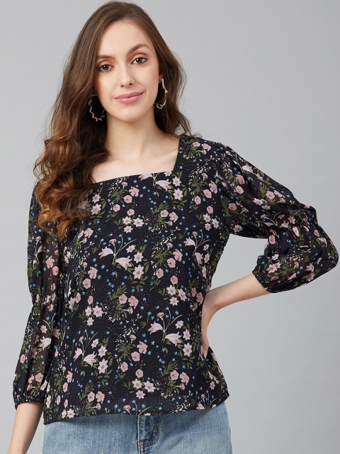 

Carlton London Navy Blue Floral Printed Puff Sleeves Georgette Regular Top