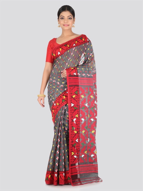 

PinkLoom Grey & Red Pure Cotton Printed Jamdani Saree