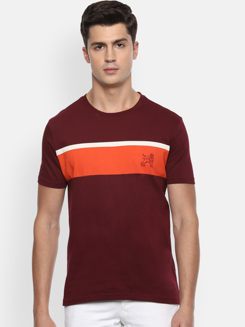 

Van Heusen Sport Men Maroon & Orange Colourblocked Round Neck Cotton T-shirt