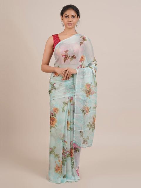 Pothys Blue Printed Poly Chiffon Saree